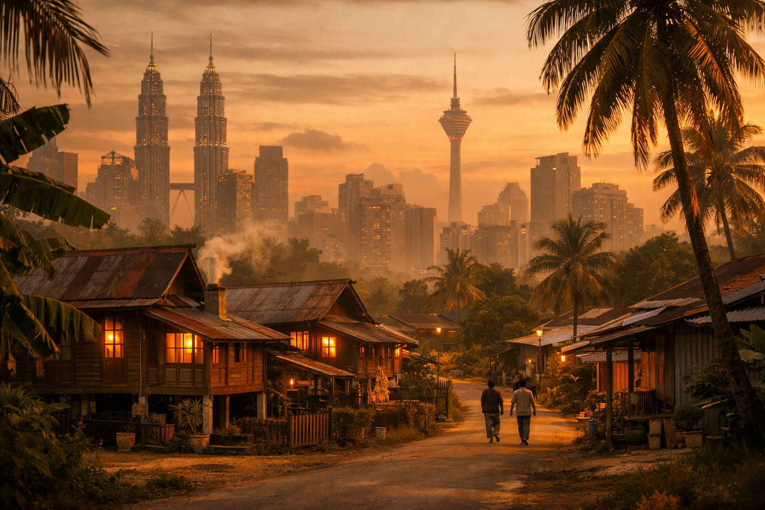 Suasana senja di Kampung Baru dengan latar Menara Berkembar Petronas