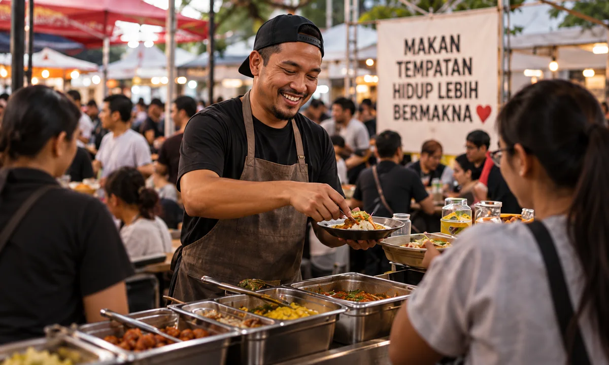 Ilustrasi konsep editorial dijana AI: seorang peniaga menghidangkan makanan kepada pelanggan.
