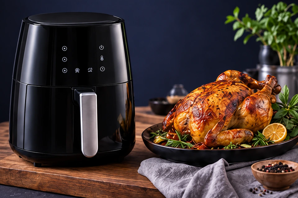 Ilustrasi air fryer hitam bersama ayam panggang keemasan, herba dan lemon.