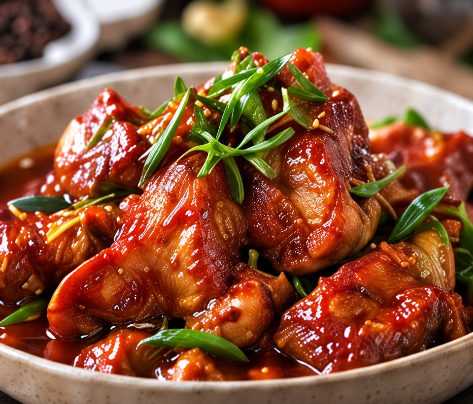 Ilustrasi Ayam Masak Merah asal mockup, dijana AI.