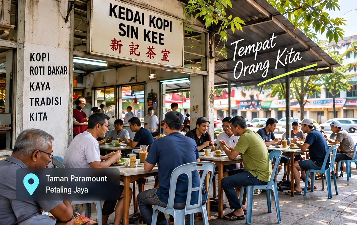 Ilustrasi kopitiam asal mockup dengan pelanggan menikmati makanan, tulisan Tempat Kita Orang Kita dan label Taman Paramount. Bukan foto premis sebenar.