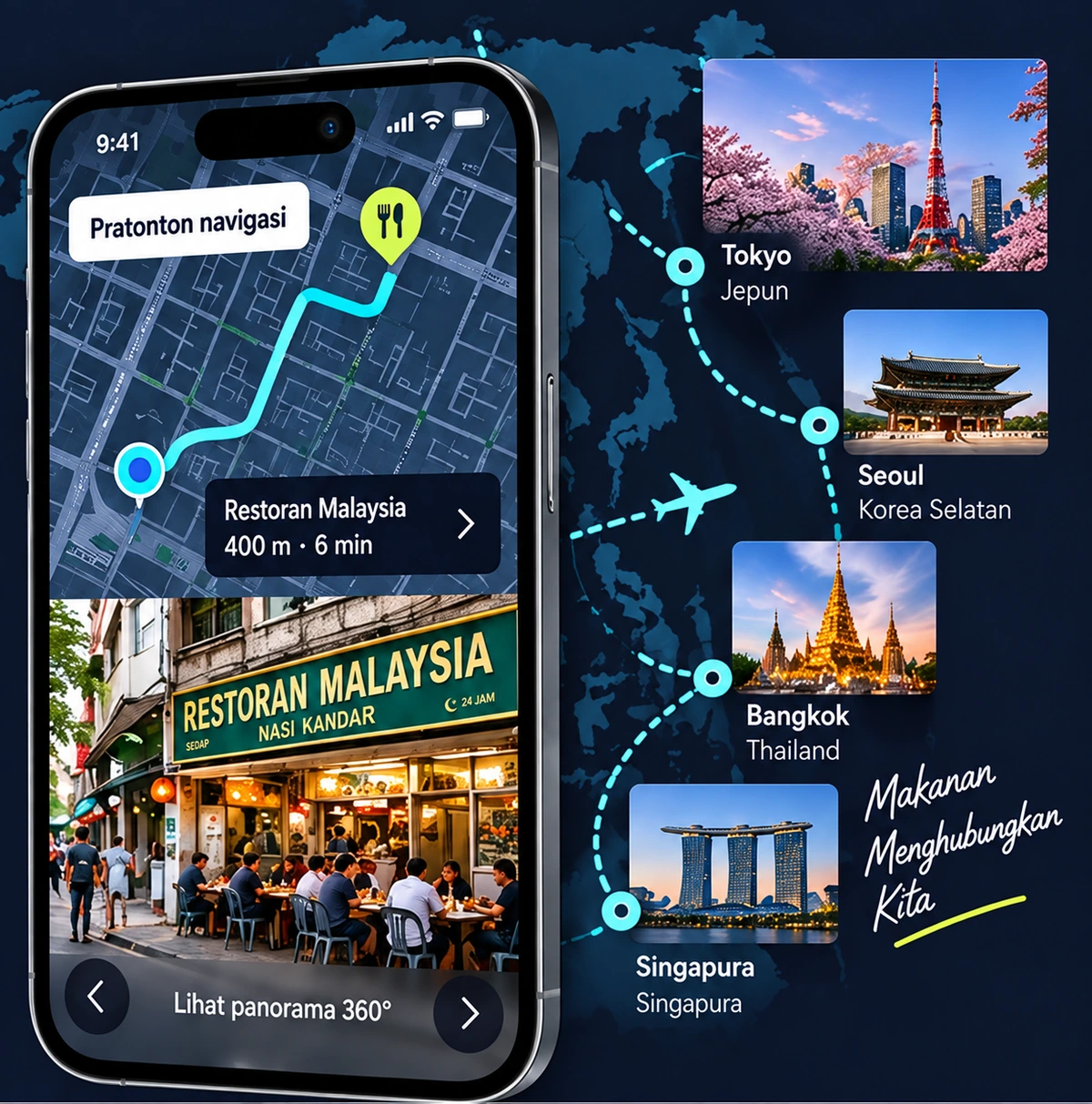 Ilustrasi konsep asal mockup: telefon dengan peta dan panorama restoran, dihubungkan ke Tokyo, Seoul, Bangkok dan Singapura.