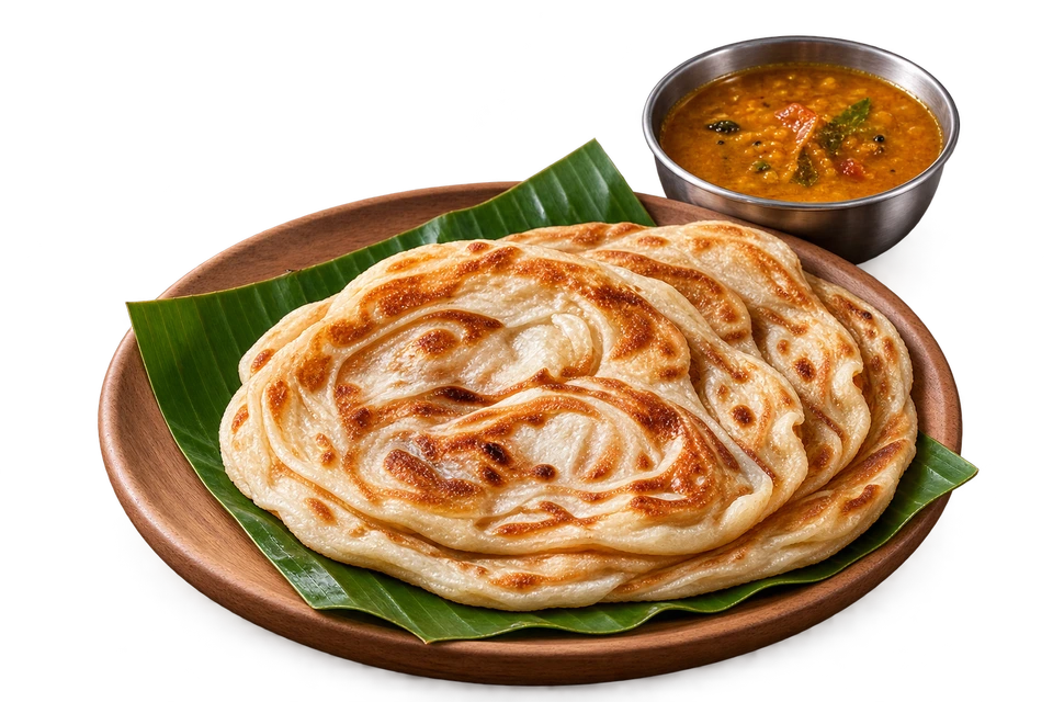 Ilustrasi dijana AI: roti canai di atas daun pisang dan pinggan kayu, bersama semangkuk kuah dhal.