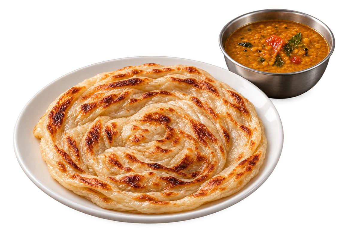Ilustrasi satu roti canai kosong di atas pinggan putih dengan mangkuk kuah dhal berasingan