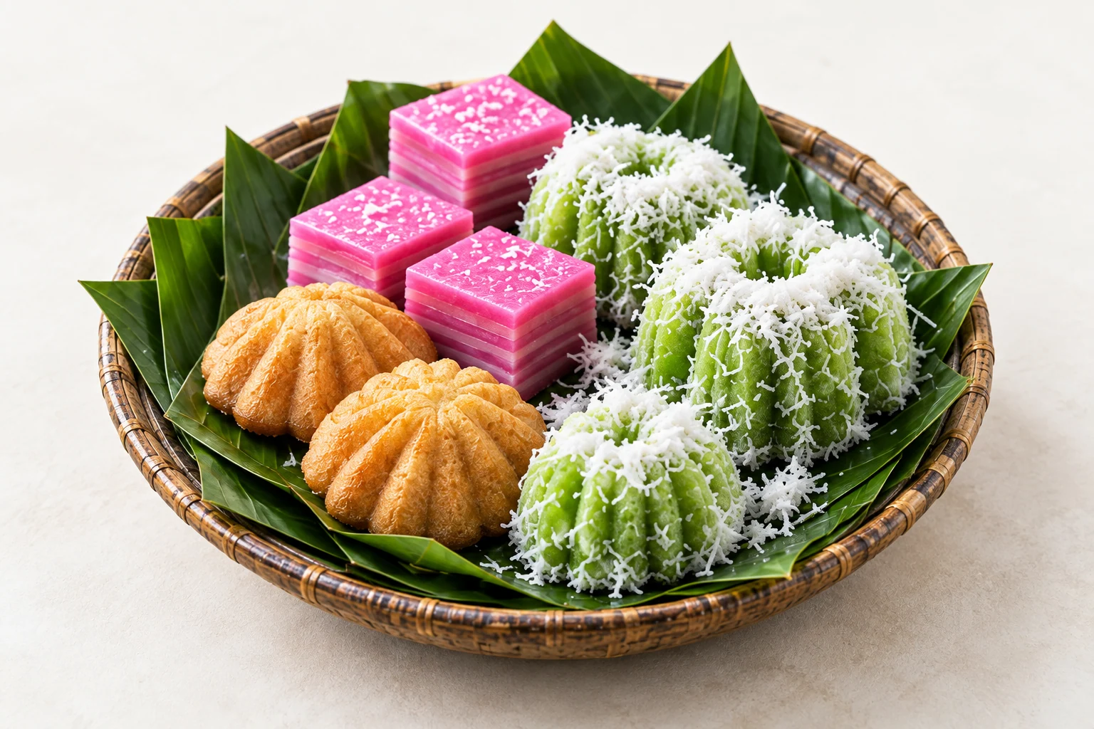 Kuih lapis merah jambu, puteri ayu dan bahulu di atas pinggan — ilustrasi dijana AI.