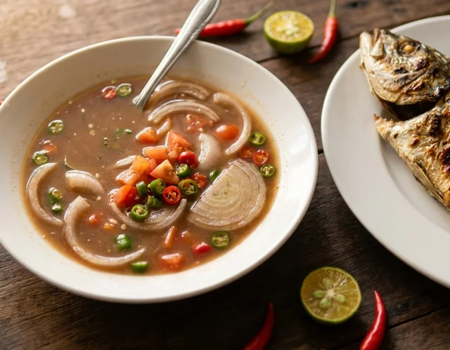 Air asam jawa dalam mangkuk putih dengan hirisan bawang besar, tomato dan cili padi, dihidang di sebelah ikan bakar
