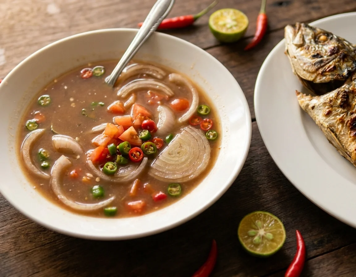 Air asam jawa dalam mangkuk putih dengan hirisan bawang besar, tomato dan cili padi, dihidang di sebelah ikan bakar