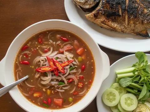 Air asam jawa siap digaul dalam mangkuk dihidang bersama ikan bakar dan ulam