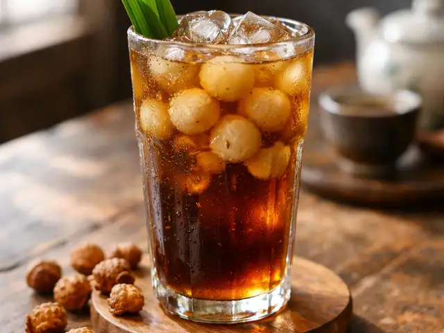 Air Longan dalam gelas dengan buah longan dan ais