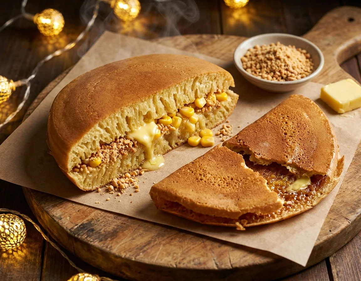 Apam balik tebal lembut dilipat dua dengan inti kacang tumbuk, jagung krim dan mentega cair, dipotong menampakkan liang sarang lebah