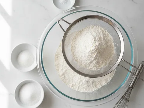 Tepung gandum, baking powder dan soda bikarbonat diayak ke dalam mangkuk besar bersama gula