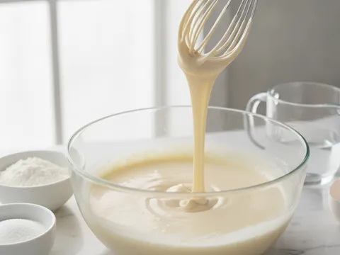 Adunan apam balik diwhisk licin berwarna kuning pucat, mengalir pekat dari whisk ke dalam mangkuk