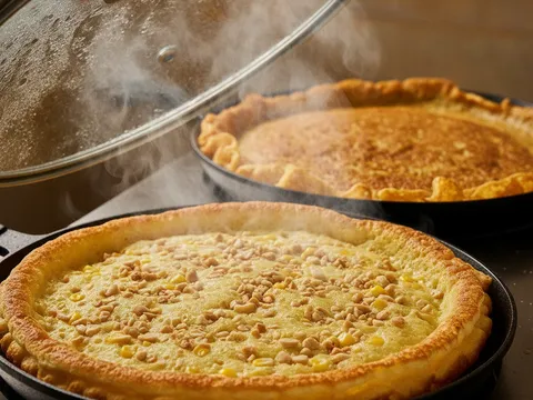 Penutup kuali diangkat menampakkan apam balik yang sudah masak, tepi bertukar perang keemasan dan wap masih berasap