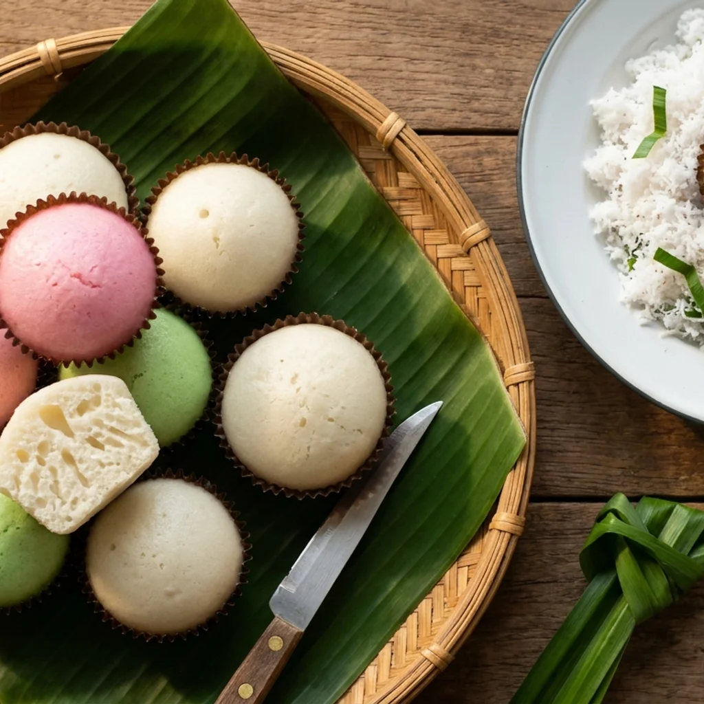 Apam beras gebu dalam acuan kecil, dipotong menampakkan tekstur berliang, dihidang bersama kelapa parut putih yang dikukus