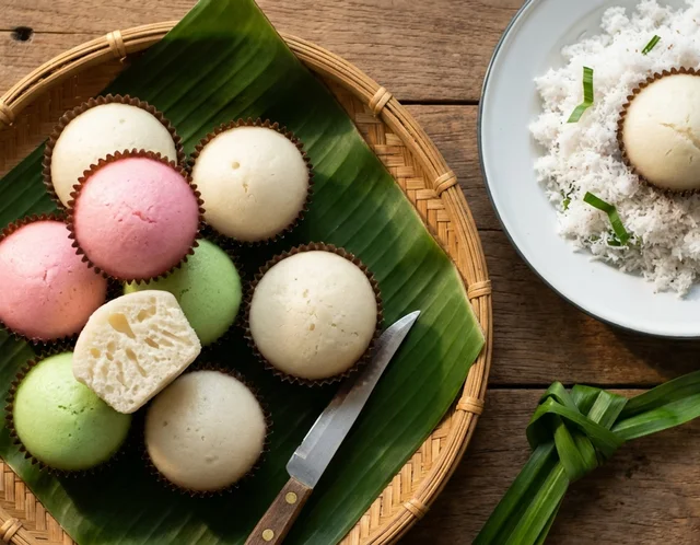 Apam beras gebu dalam acuan kecil, dipotong menampakkan tekstur berliang, dihidang bersama kelapa parut putih yang dikukus