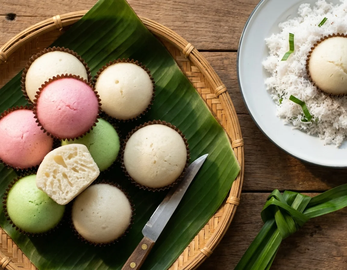 Apam beras gebu dalam acuan kecil, dipotong menampakkan tekstur berliang, dihidang bersama kelapa parut putih yang dikukus