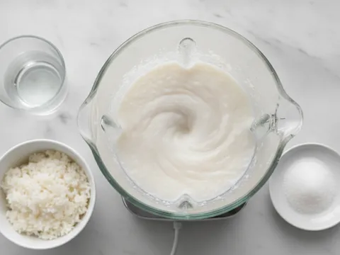 Nasi sejuk, air dan gula dikisar dalam blender sehingga menjadi adunan putih pekat