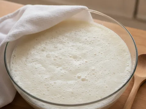 Adunan apam beras diperap dalam bekas besar, permukaannya berbuih selepas beberapa jam