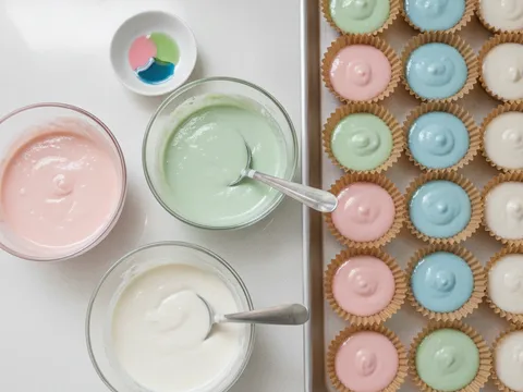 Adunan apam beras berwarna pastel dituang ke dalam acuan kecil yang telah disapu minyak