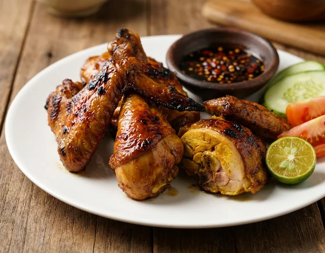 Ayam Bakar Malaysia kulit perang keemasan berkilat dengan char marks, dihidang dengan sambal kicap dan hirisan timun