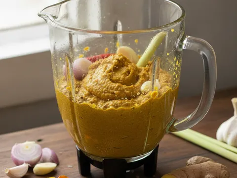 Bawang merah, bawang putih, halia, kunyit, serai dan biji ketumbar dikisarkan halus dalam blender menjadi paste perapan berwarna kuning-oren