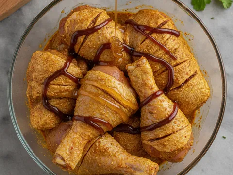 Potongan ayam dilumur dengan paste perapan kuning-oren bersama kicap manis dan madu, tersusun dalam bekas perap