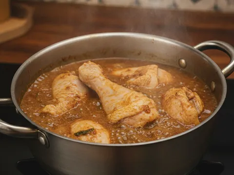 Potongan ayam direbus dalam kuali dengan bahan perapan dan sedikit air sehingga separuh masak, kuah mula mengental