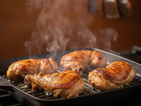 Potongan ayam sedang dibakar di atas grill atau dalam oven, kulit mula perang keemasan dengan char marks