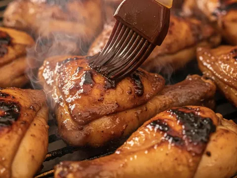 Berus masak menyapukan sos perapan perang berkilat ke atas ayam yang sedang dibakar, kulit berkilat dan perang karamel