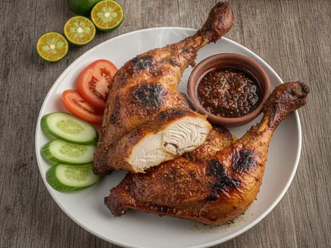 Ayam Bakar Malaysia siap dihidang di atas pinggan — kulit perang gelap berkilat dengan char marks, bersama sambal kicap, hirisan timun, tomato dan limau kasturi