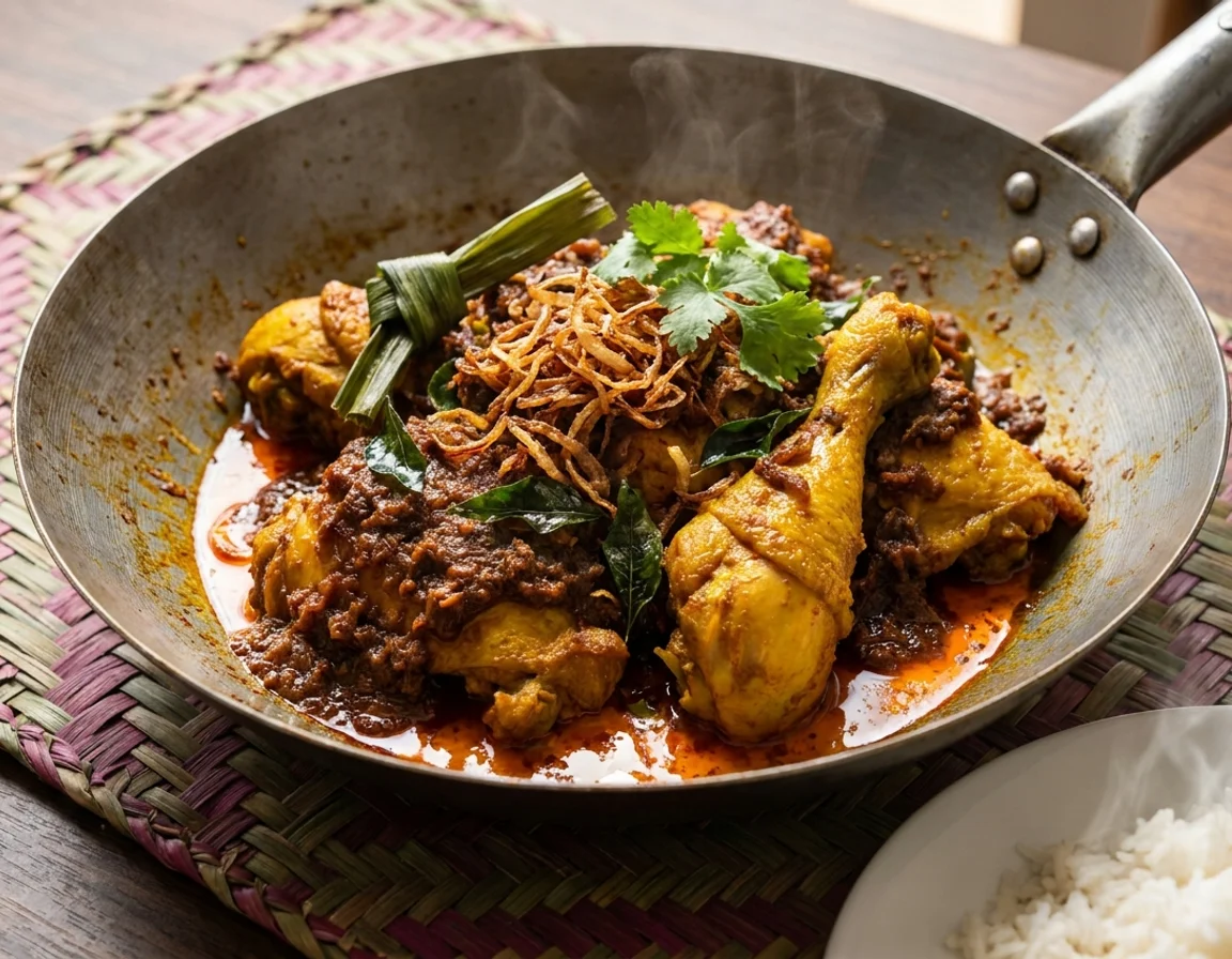 Sepinggan ayam bawang berkuah pekat kemerahan bersama nasi putih, ditabur bawang goreng keperangan