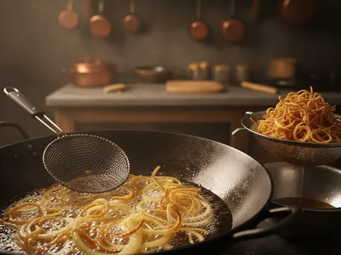 Hirisan bawang besar digoreng dalam minyak panas sehingga keperangan lalu ditoskan di atas penapis