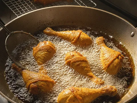 Ketulan ayam berkunyit digoreng dalam minyak panas sehingga kulitnya keemasan dan garing