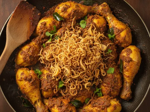 Ayam goreng digaul dalam kuah rempah pekat lalu ditabur bawang goreng dan daun ketumbar di dalam kuali