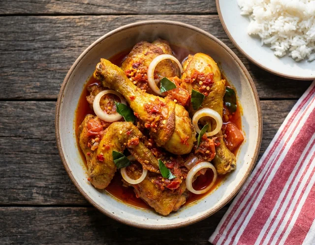 Ayam berlado bersalut sambal lado merah kisar kasar bersama hirisan bawang besar dan daun limau purut dalam kuali besi, dihidang dengan nasi putih