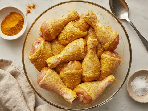 Ketulan ayam digaul dengan serbuk kunyit dan garam dalam mangkuk sehingga bersalut kuning sekata