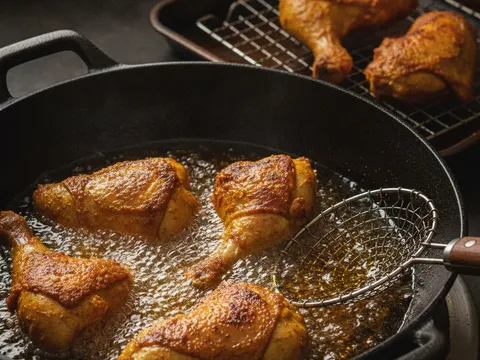 Ketulan ayam berkunyit digoreng dalam minyak panas sehingga permukaannya keperangan, ditos di atas redai
