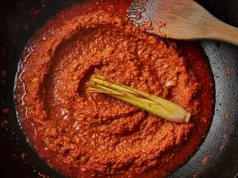Sambal lado merah kisar kasar ditumis bersama serai diketuk dalam kuali sehingga minyak naik ke permukaan