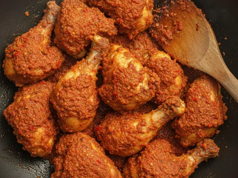 Ketulan ayam goreng digaul ke dalam sambal lado merah sehingga bersalut kemas dalam kuali