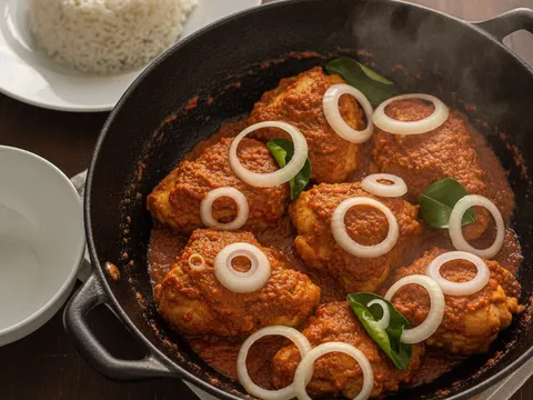 Hirisan bulat bawang besar ditabur ke atas ayam berlado dalam kuali dan dikacau sebentar sebelum dihidang