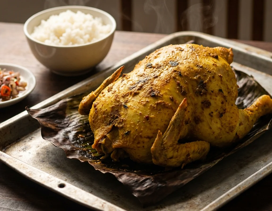 Ayam betutu seekor penuh berwarna kuning kemerahan di atas daun pisang terbuka, kulitnya bersalut rempah base genep, dihidang bersama nasi putih