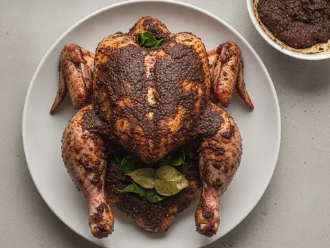 Ayam utuh dilumur rempah oren pekat ke seluruh badan, rongga perutnya disumbat pes bercampur daun limau purut