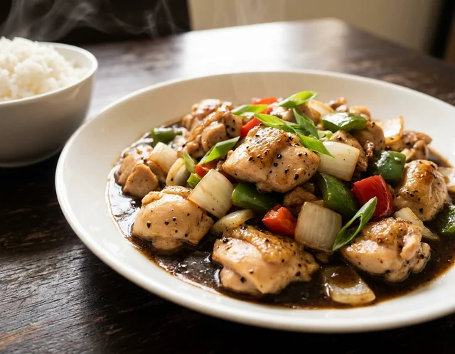 Ayam black pepper bersalut sos lada hitam pekat berkilat bersama dadu bawang besar dan capsicum hijau merah dalam pinggan putih