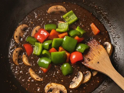 Dadu capsicum hijau dan merah serta hirisan cendawan dimasukkan ke dalam sos lada hitam pekat