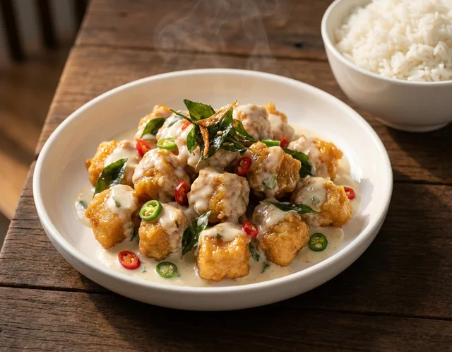Ayam Buttermilk rangup bersalut sos susu berkrim dengan daun kari dan hirisan cili padi dalam pinggan putih