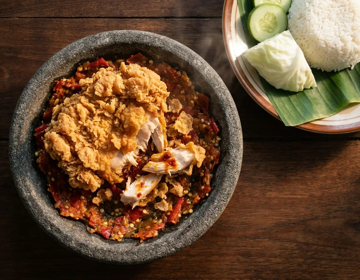 Ayam geprek bersalut tepung rangup digeprek atas sambal bawang cili padi dalam cobek batu, dihidang bersama nasi putih dan timun