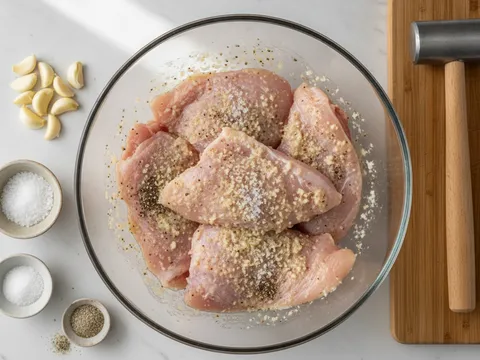Keping isi ayam tanpa tulang digaul dengan perapan bawang putih parut, garam dan serbuk rempah dalam mangkuk kaca