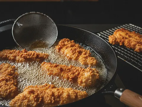 Keping ayam bersalut tepung digoreng dalam minyak panas berbuih sehingga keemasan dan bersisik rangup