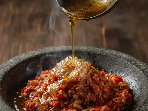 Minyak panas disiram dari senduk ke atas sambal cili padi dalam lesung batu sehingga berdesir dan berbuih