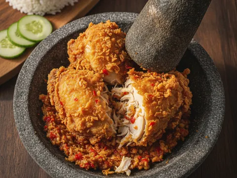 Ayam goreng rangup digeprek dengan anak lesung di atas sambal cili padi sehingga salutan merekah dan bersalut sambal merah